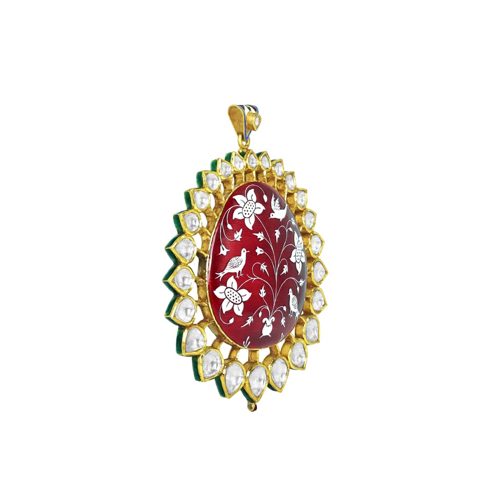 Red Enamel Pendant with Polki and Floral Bird Motifs